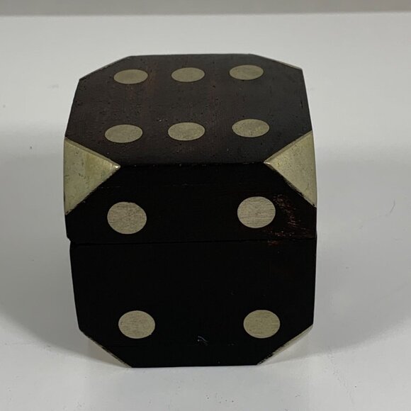 Bella Lux Wooden Dice Box w/ Metal Accents + Five Mini Black Dice Set Vintage - Picture 9 of 10